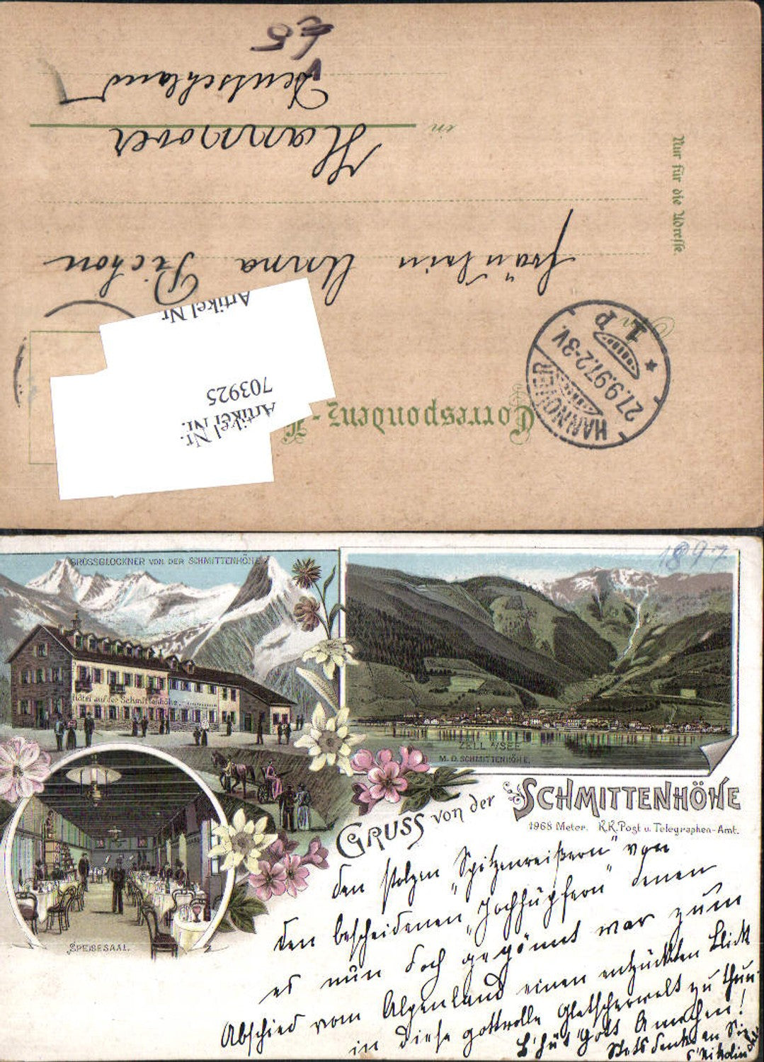 703925 Lithographie Gruss v.d. Schmittenhöhe Zell am See Kaprun