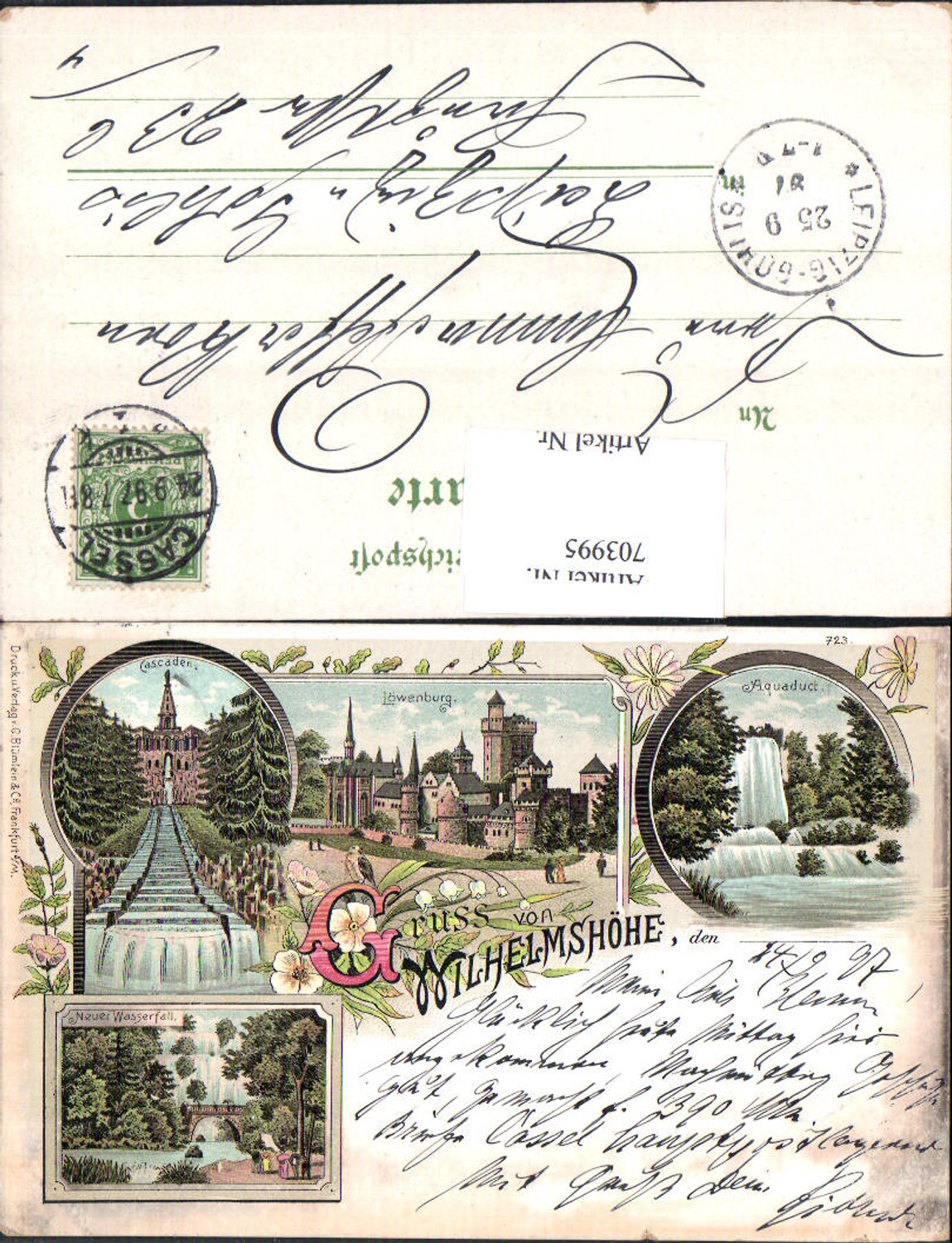 703995 Lithographie Cassel Kassel Wilhelmshöhe Löwenburg pub Blümlein & Co. 723