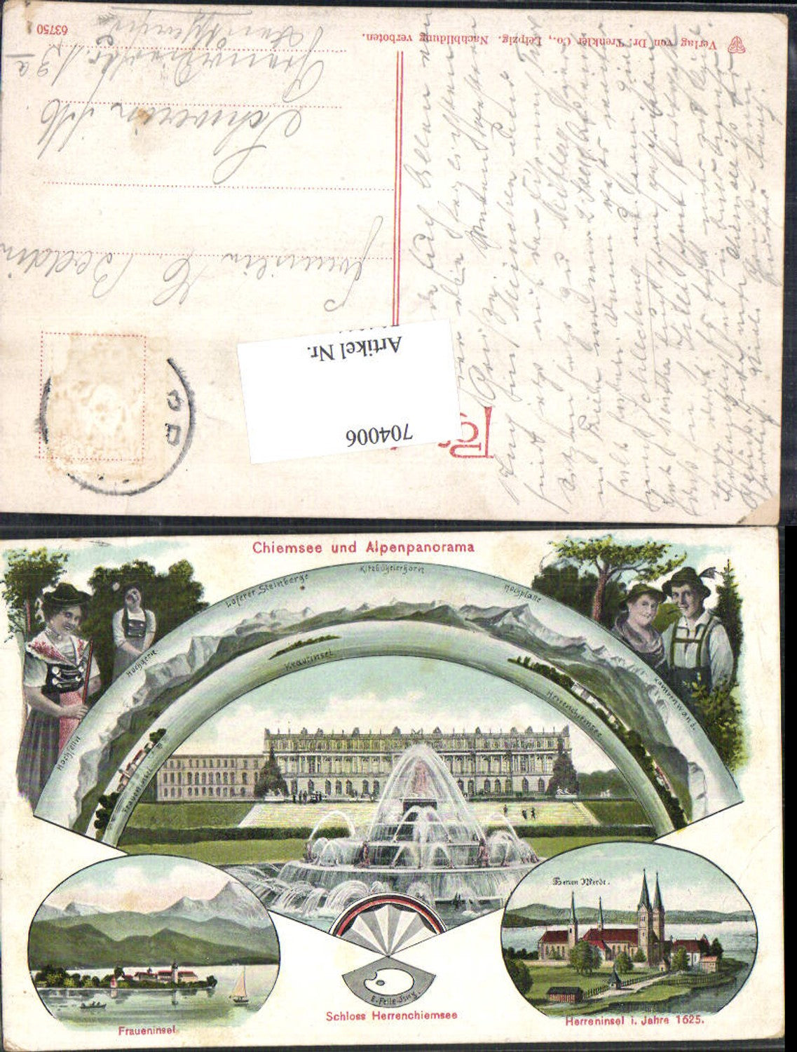 Künstler Lithographie Eugen Felle Chiemsee Herreninsel anno 1625 Fraueninsel Tracht