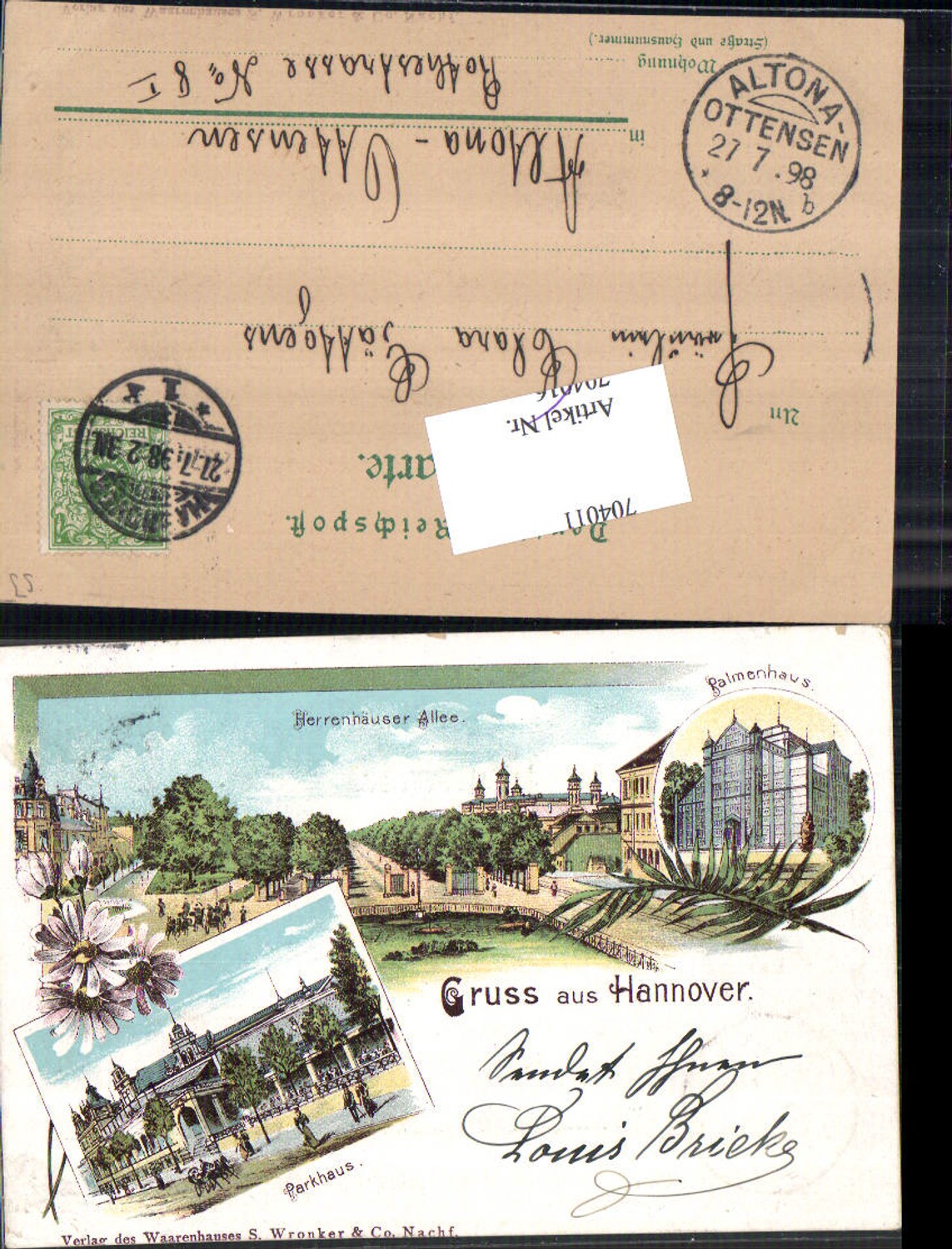 704011 Lithographie Gruss aus Hannover Palmenhaus Herrenhäuser Allee