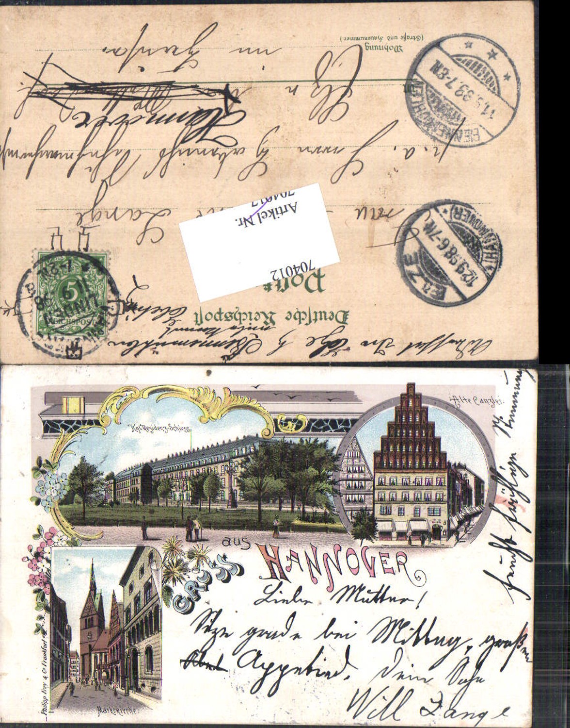 704012 Lithographie Gruss aus Hannover Alte Canzlei Marktkirche