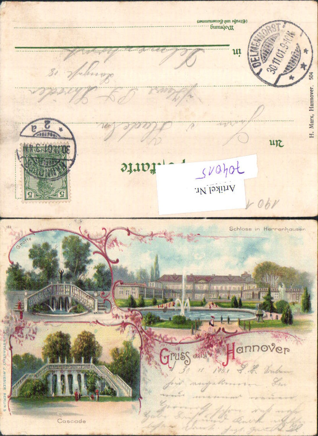 704015 Lithographie Gruss aus Hannover Herrenhausen Cascade pub J. Miesler 182