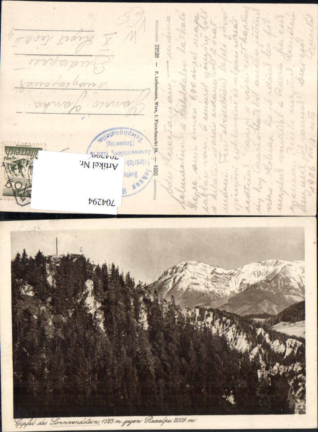 704294 Sonnwendstein Rax Raxalpe Semmering Stempel Hartberger Johann Restauration
