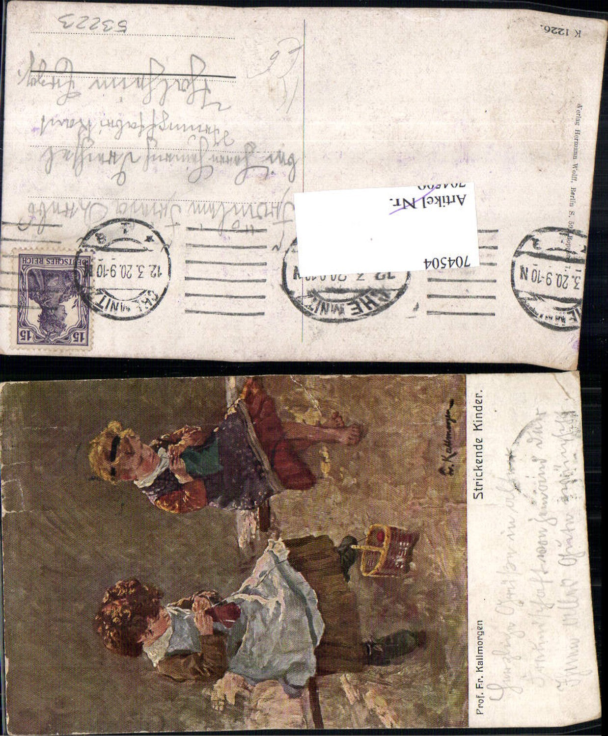 704504 Künstler AK Prof. Fr. Kallmorgen Strickende Kinder stricken Handarbeit