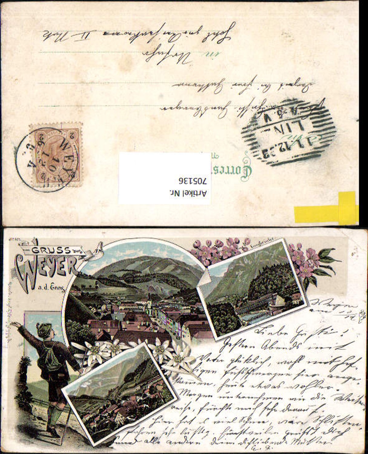 705136 tolle Lithographie Gruss aus Weyer an der Enns pub Regel & Krug 625