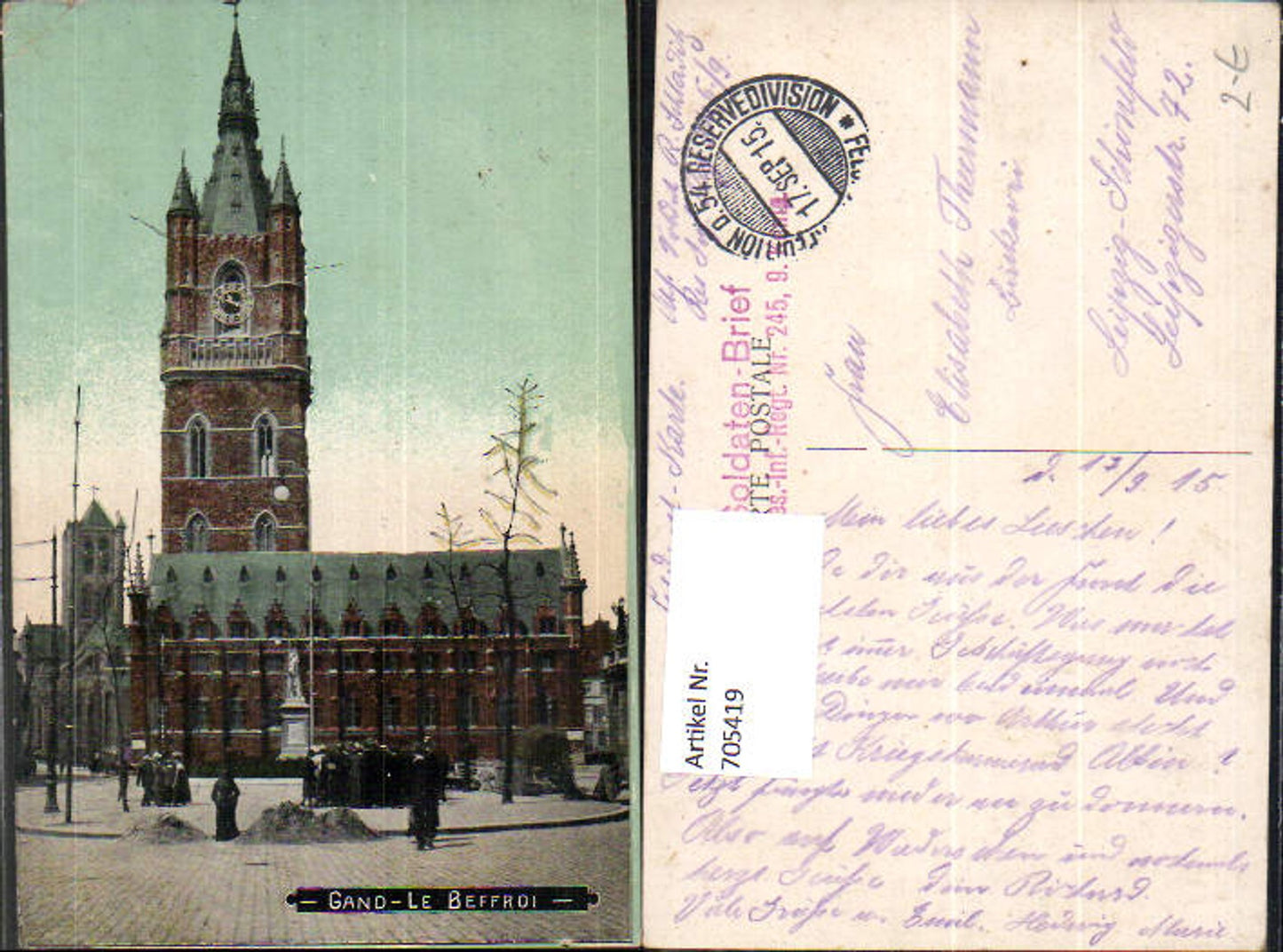 705419 Belfry Ghent Gand-le-Beffroi Church Field Post Soldiers' Letter II Battalion Reserve Infantry Regiment No. 2454 9 Company