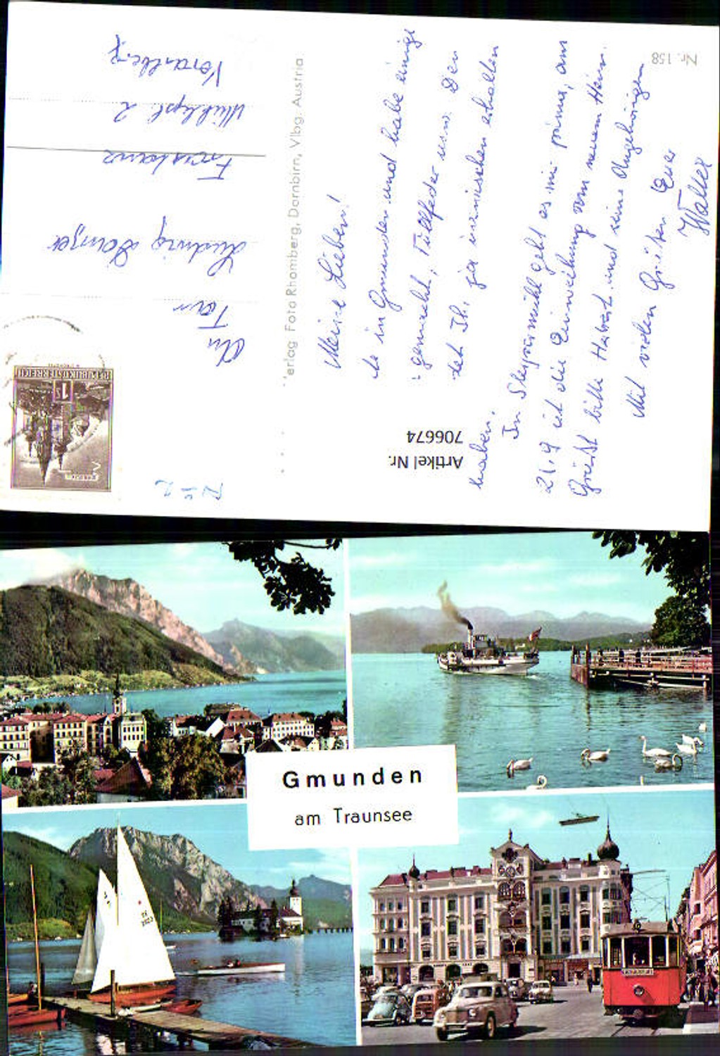 706674 Mehrbild AK Gmunden a. Traunsee Segelboote Straßenbahn G Schiff Dampfer
