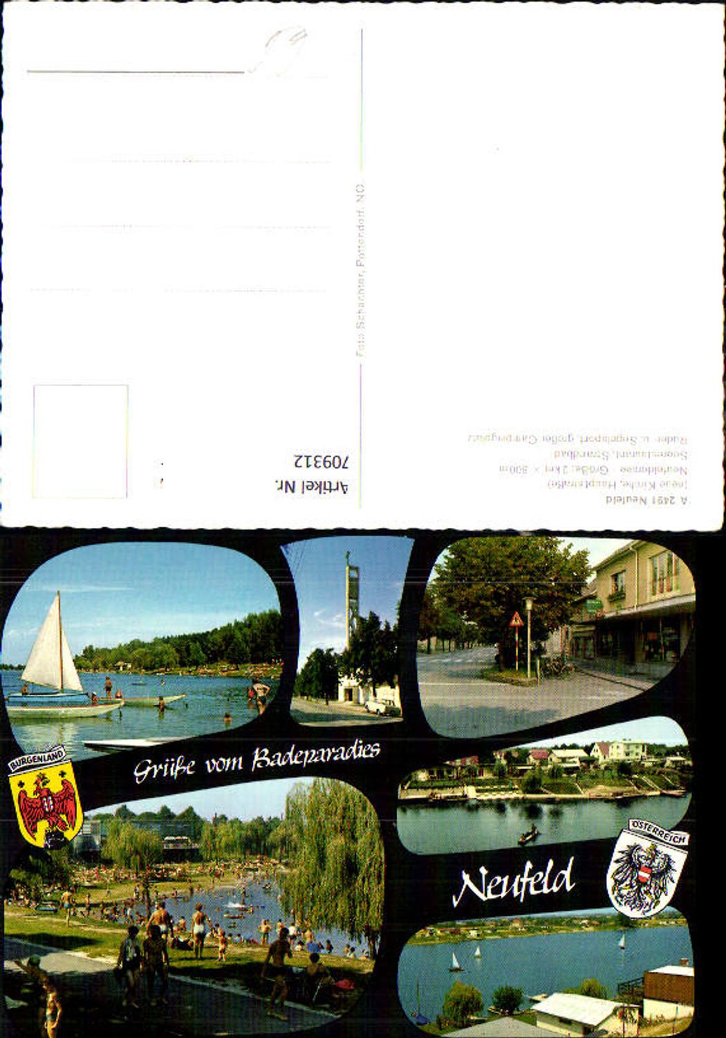 709312 Mehrbild AK Neufeld a. d. Leitha Kirche Neufeldersee Seerestaurant Strandbad