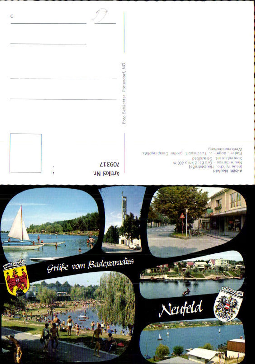 709317 Mehrbild AK Neufeld a. d. Leitha Kirche Seerestaurant Strandbad