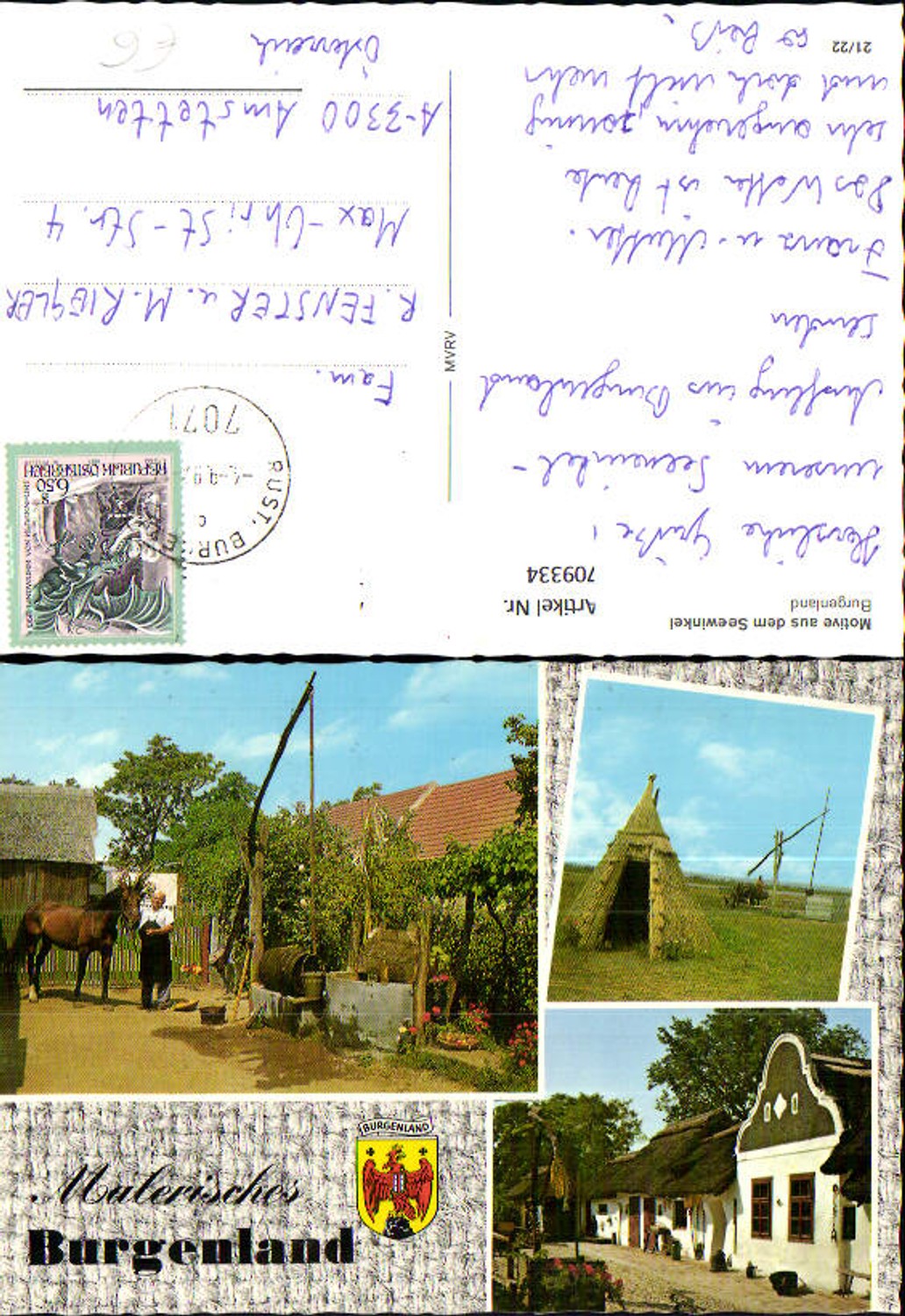 709334 Mehrbild AK Motive aus dem Seewinkel Brunnen Pferd Rust Stempel