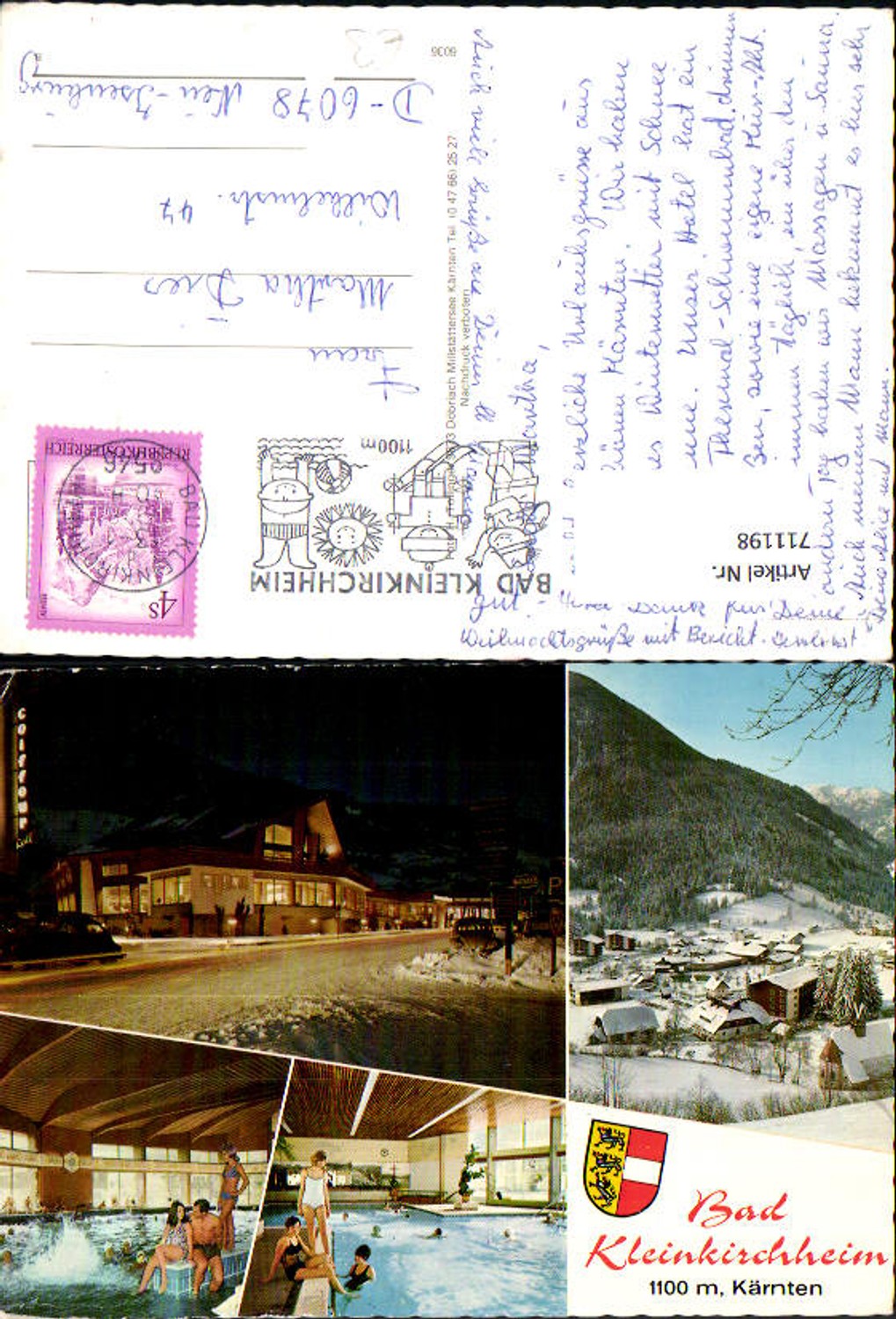 711198 Multi-image postcard Bad Kleinkirchheim indoor swimming pool winter view hotel at night