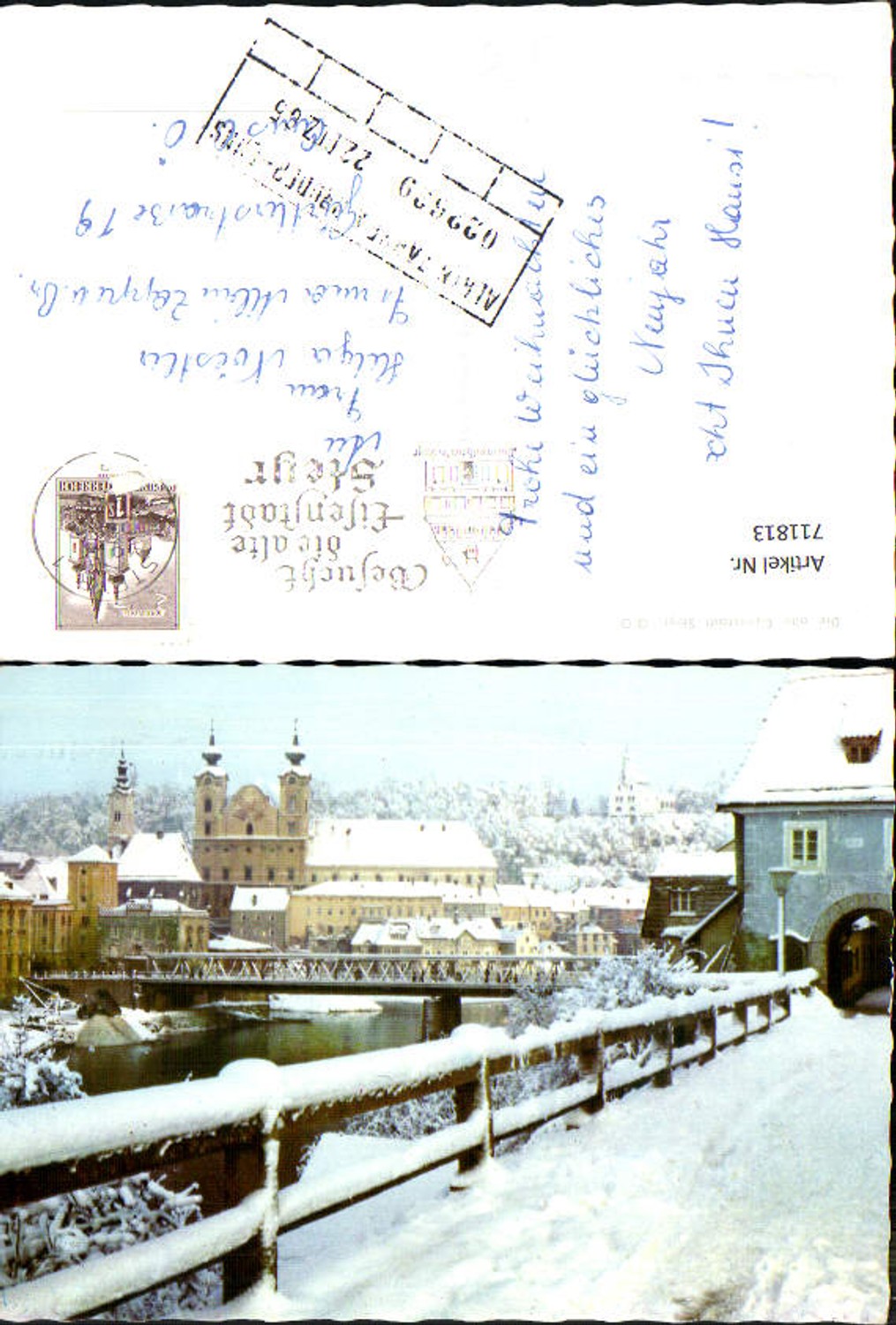 711813 Steyr Ansicht Kirche Brücke im Winter