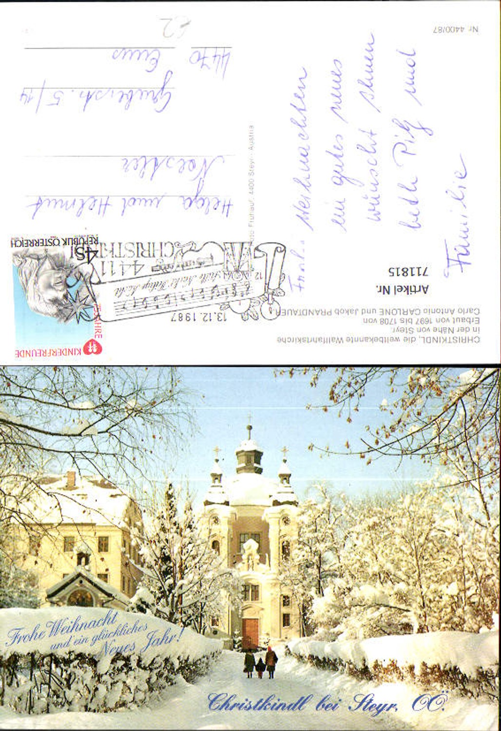 711815 Steyr Christkindl Wallfahrtskirche Winter Weihnachten Neujahr Stempel 1987 Christkindl