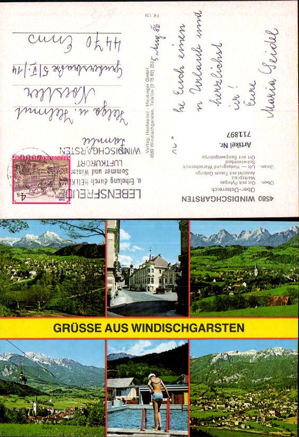 711897 Mehrbild AK Windischgarsten Ortsansicht mit Pyhrgas Marktplatz Schwimmbad Sessellift Warscheneck
