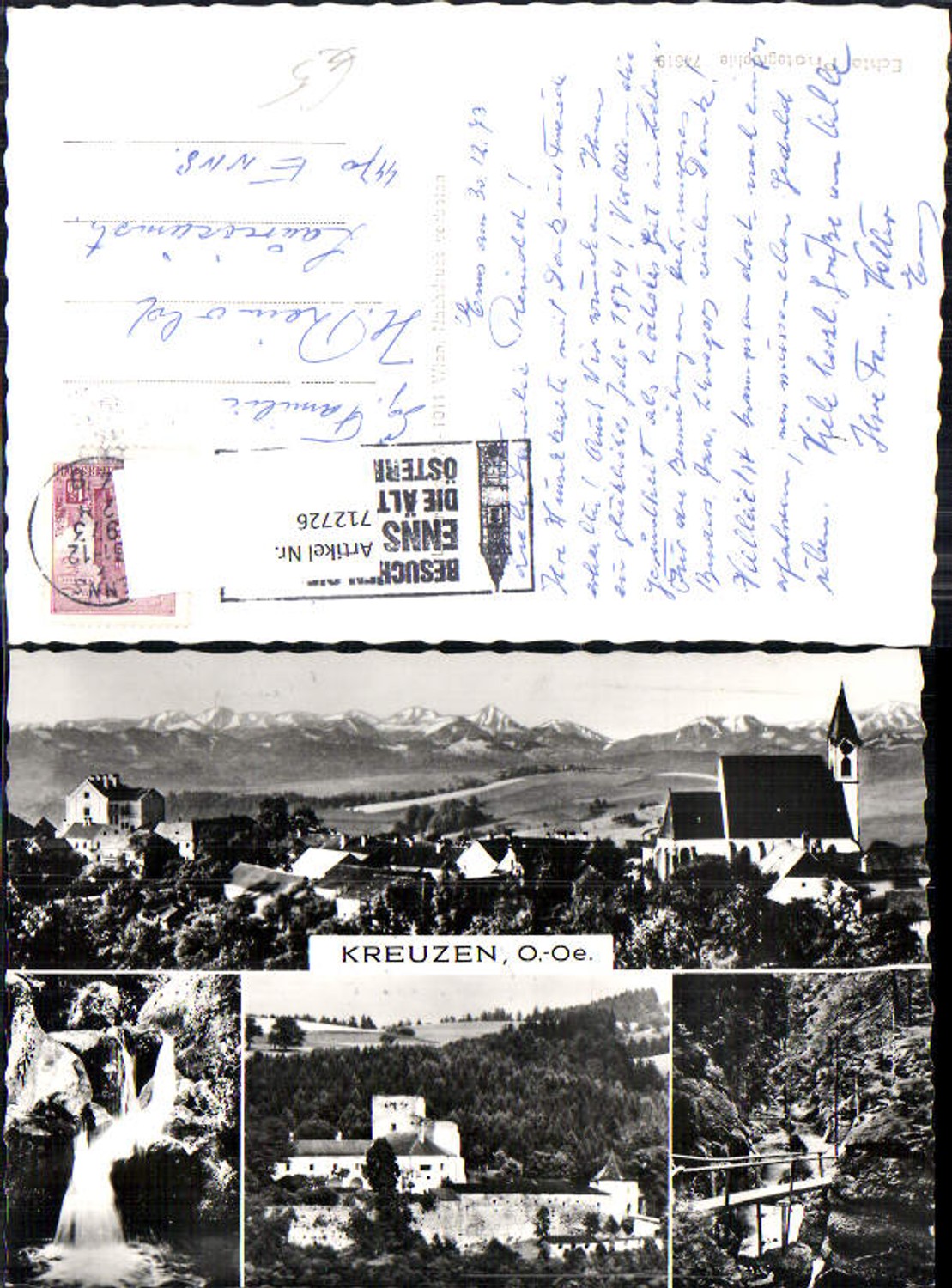 712726 Multi-image postcard Bad Kreuzen view of castle, church, and waterfall