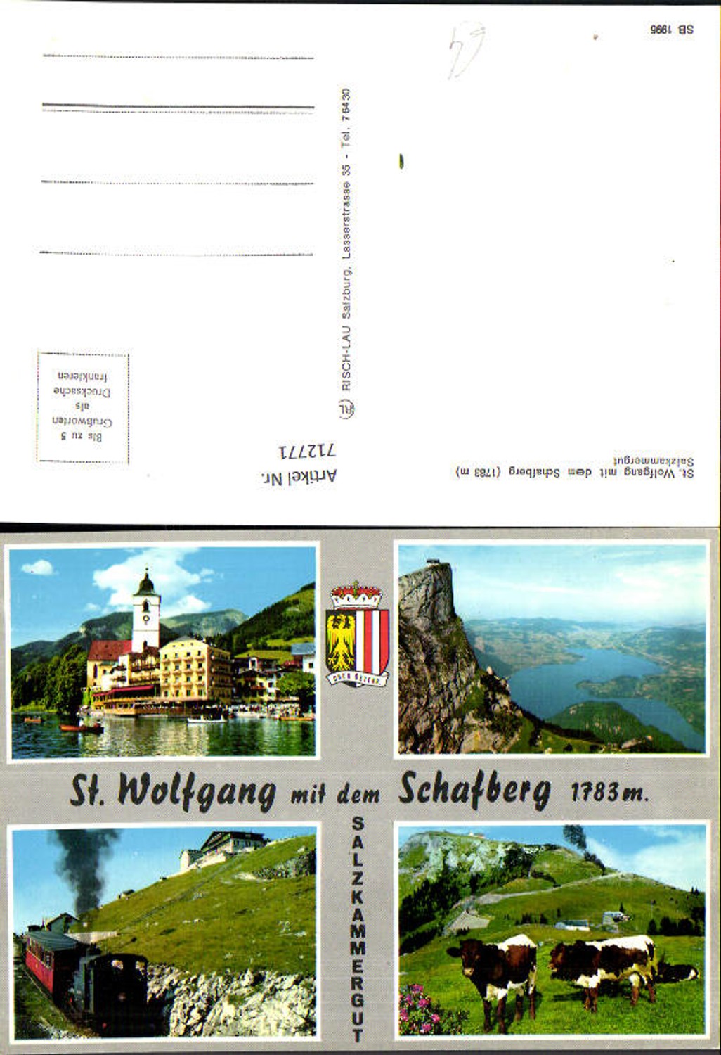 712771 Multi-image postcard of St. Wolfgang in the Salzkammergut region with the Schafberg cog railway and cows