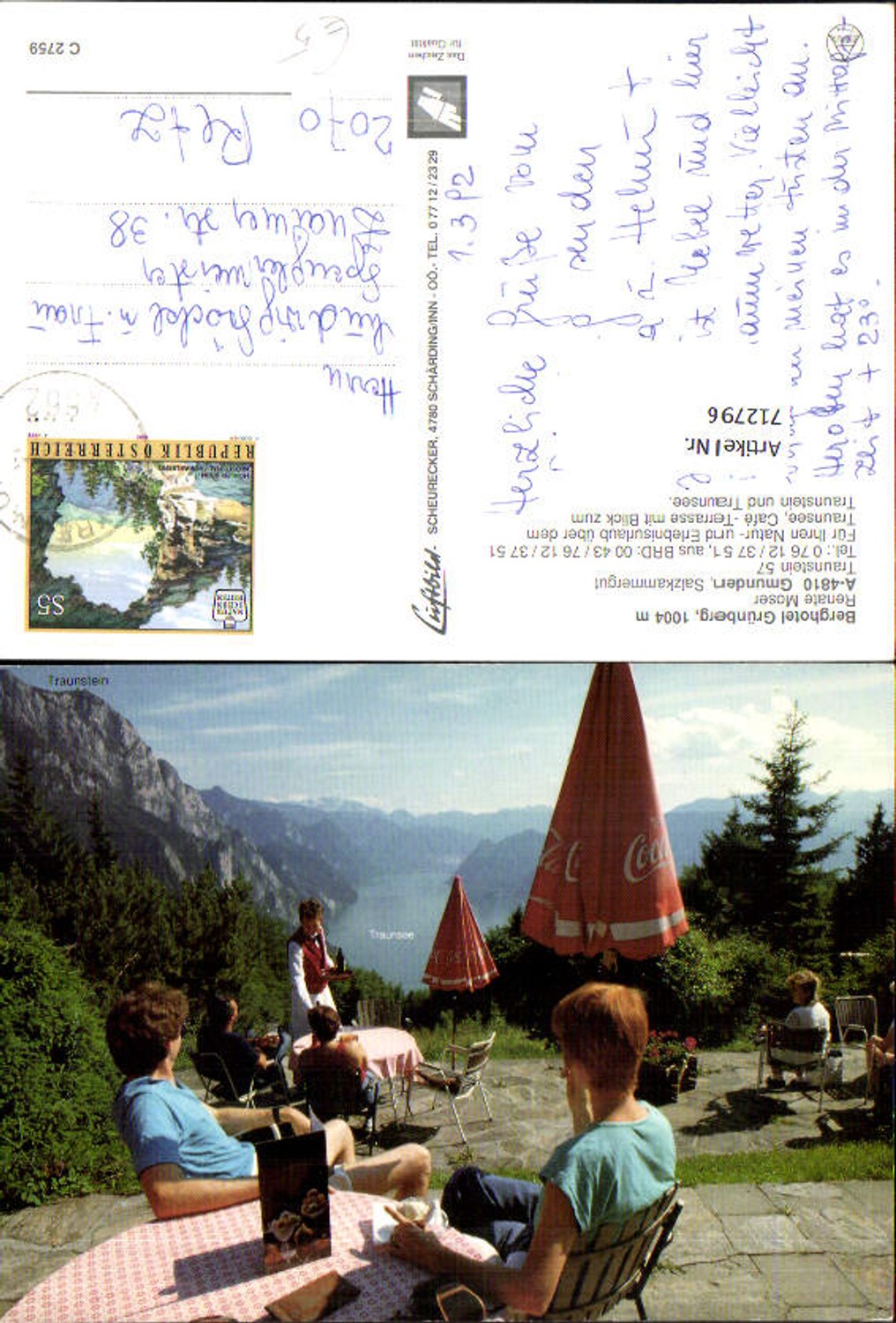 712796 Gmunden Salzkammergut Berghotel Grünberg Reklame Coca Cola auf Sonnenschirm