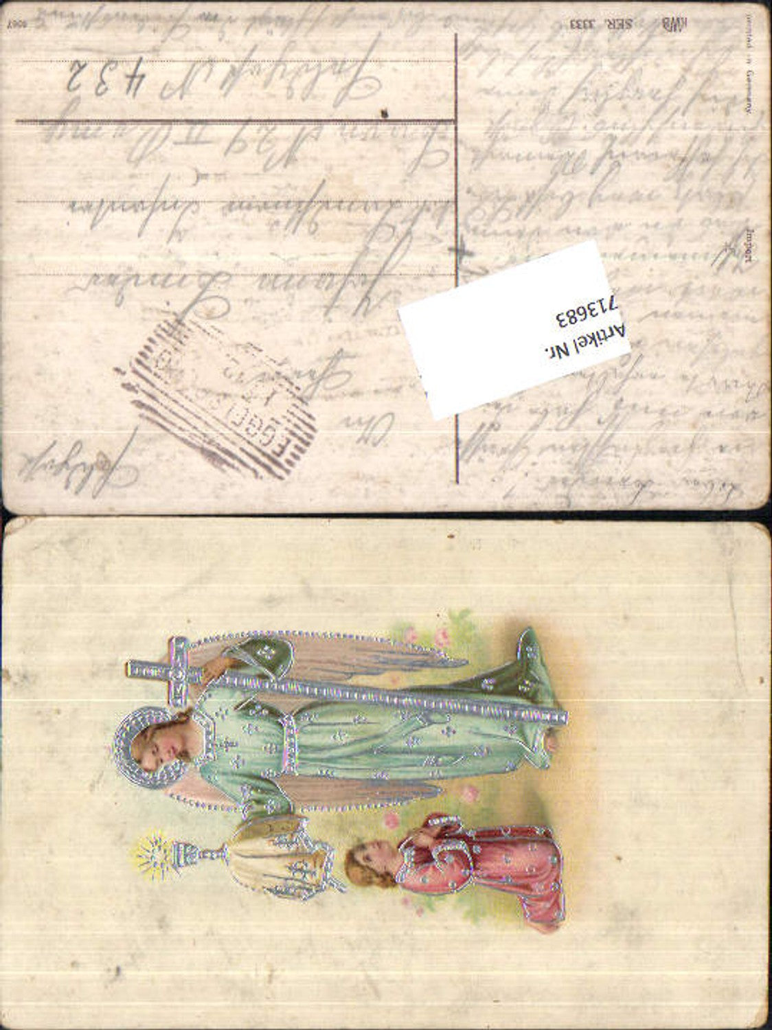 713683 Präge Lithographie Kind betet Engel Kelch Kommunion Feldpost Eggelsberg