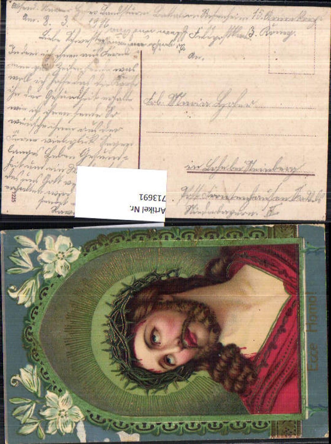 713691 Präge Lithographie Ecce Homo Jesus Dornenkrone Golddruck