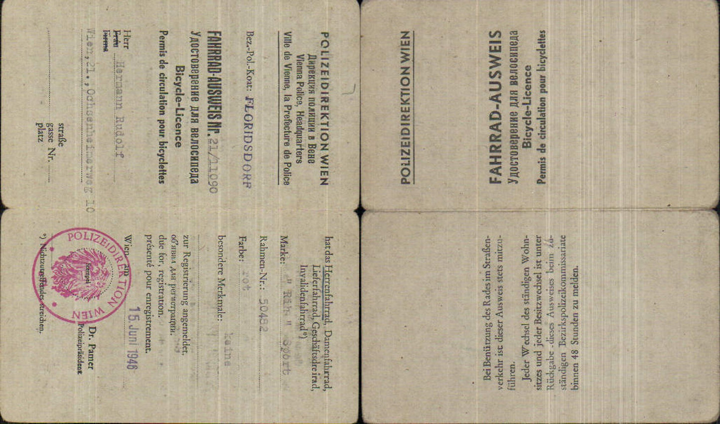 715799 Fahrrad-Ausweis Polizeidirektion Wien Floridsdorf 1946 Stempel