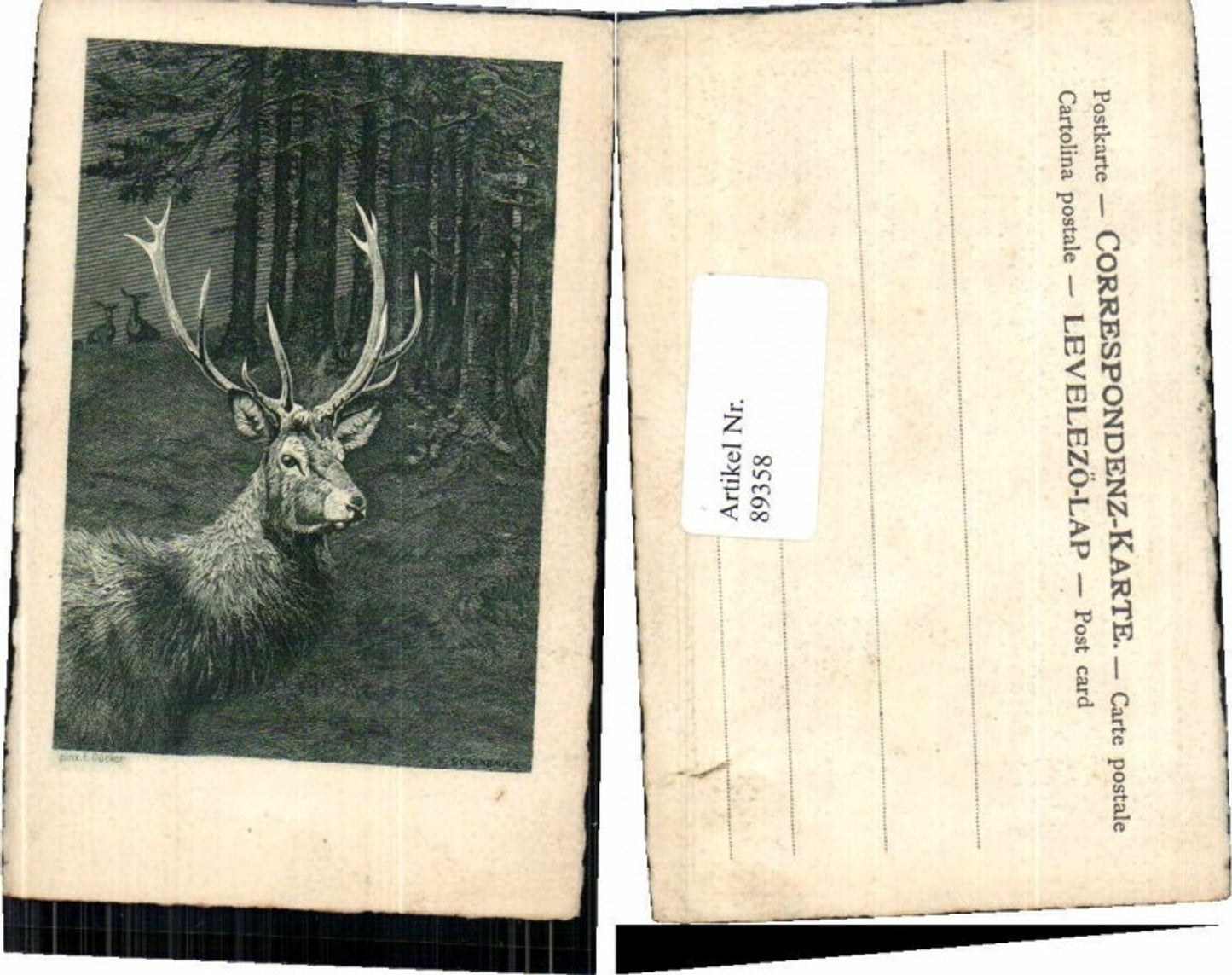 89358,E. Döcker signiert Hirsch jagd Wald