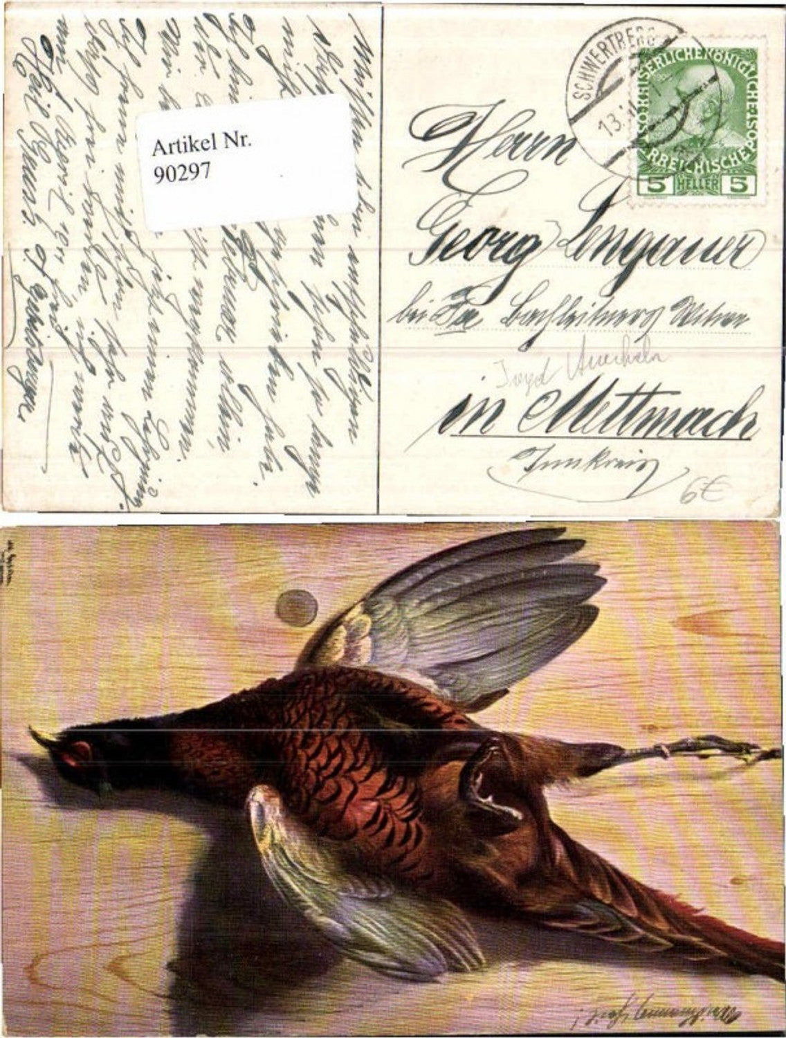 90297,A. Schönian Auerhahn erlegt Jagd Jäger signiert