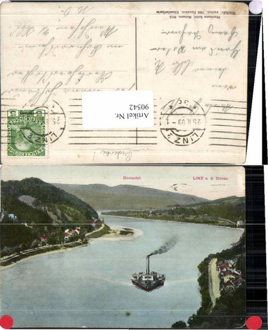 90542,Linz a.d. Donau Donautal Puchenau 1908 handkoloriert