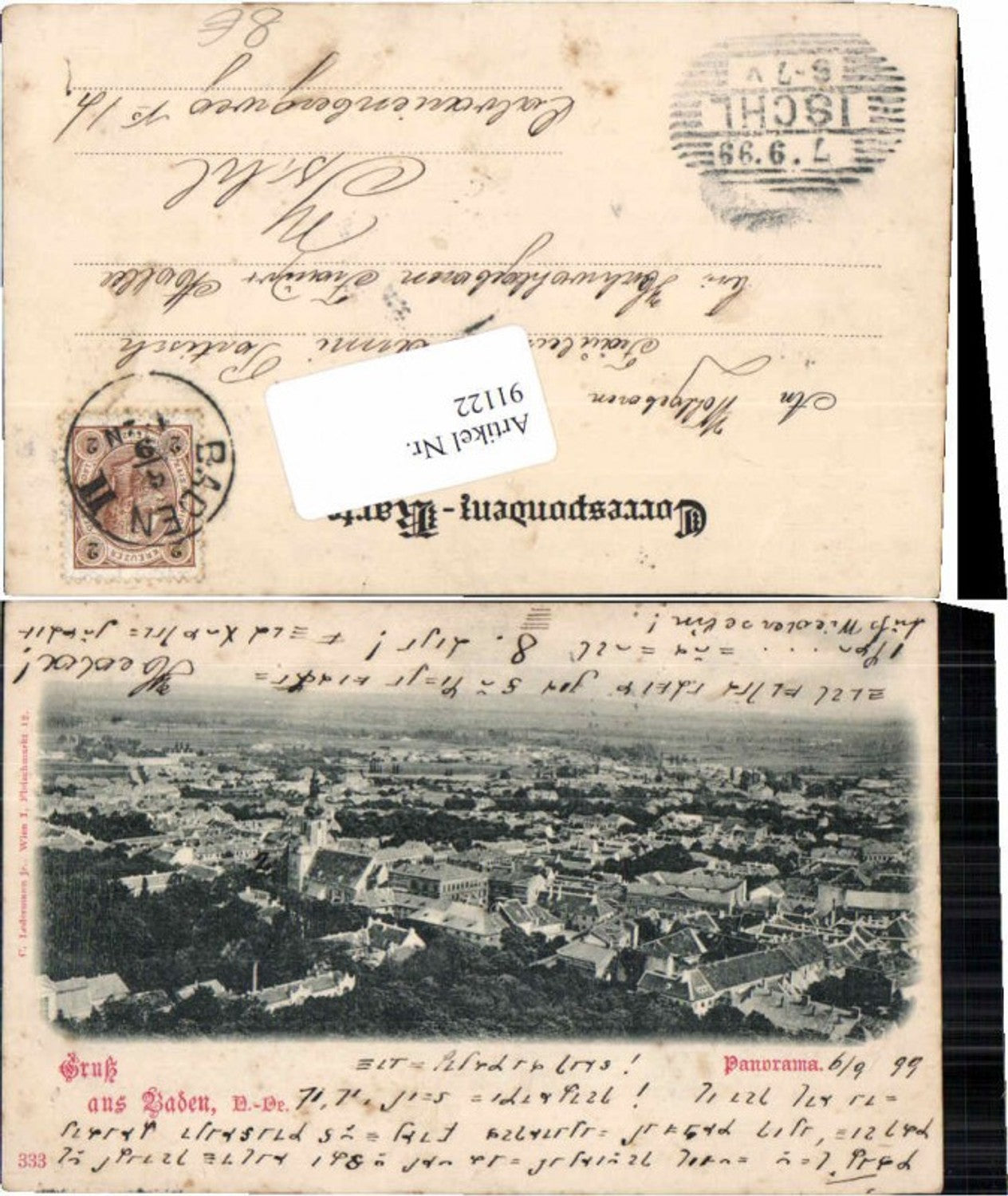 91122,Gruss aus Baden b. Wien Panorama gel. 1899