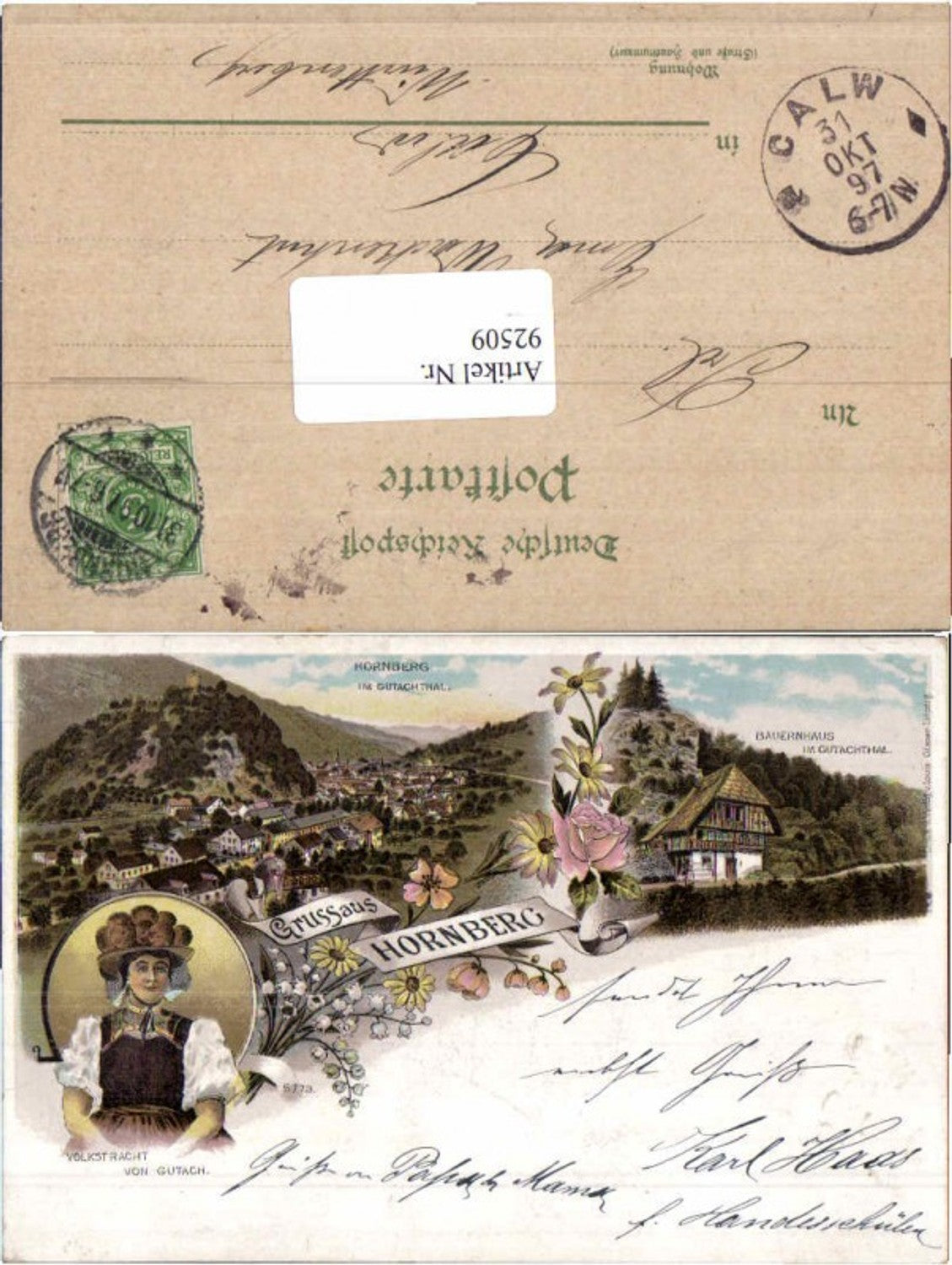 92509,Tolle Litho Gruss aus Hornberg Gutach Gutachtal Tracht 1897