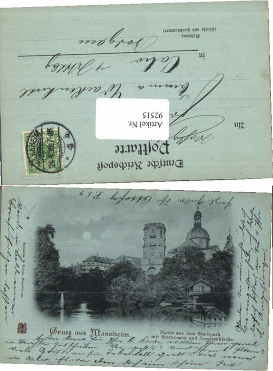 92515, Moon Lithograph Greetings from Mannheim Observatory City Park 1897