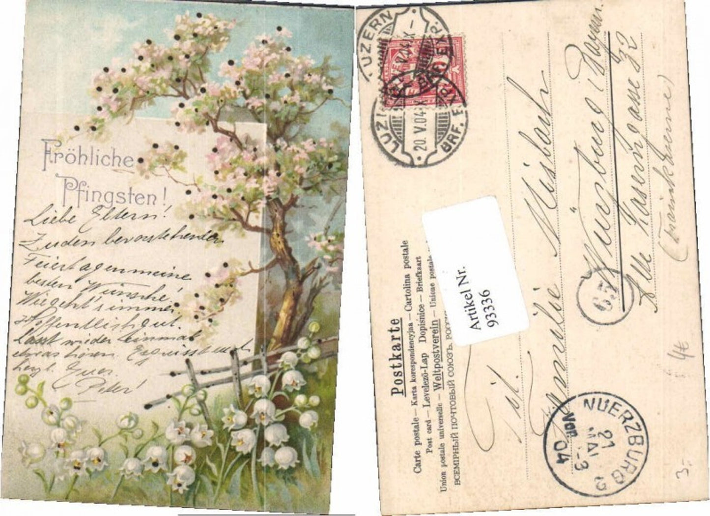 93336,Litho Fröhliche Pfingsten Baum Schneeglöcklein
