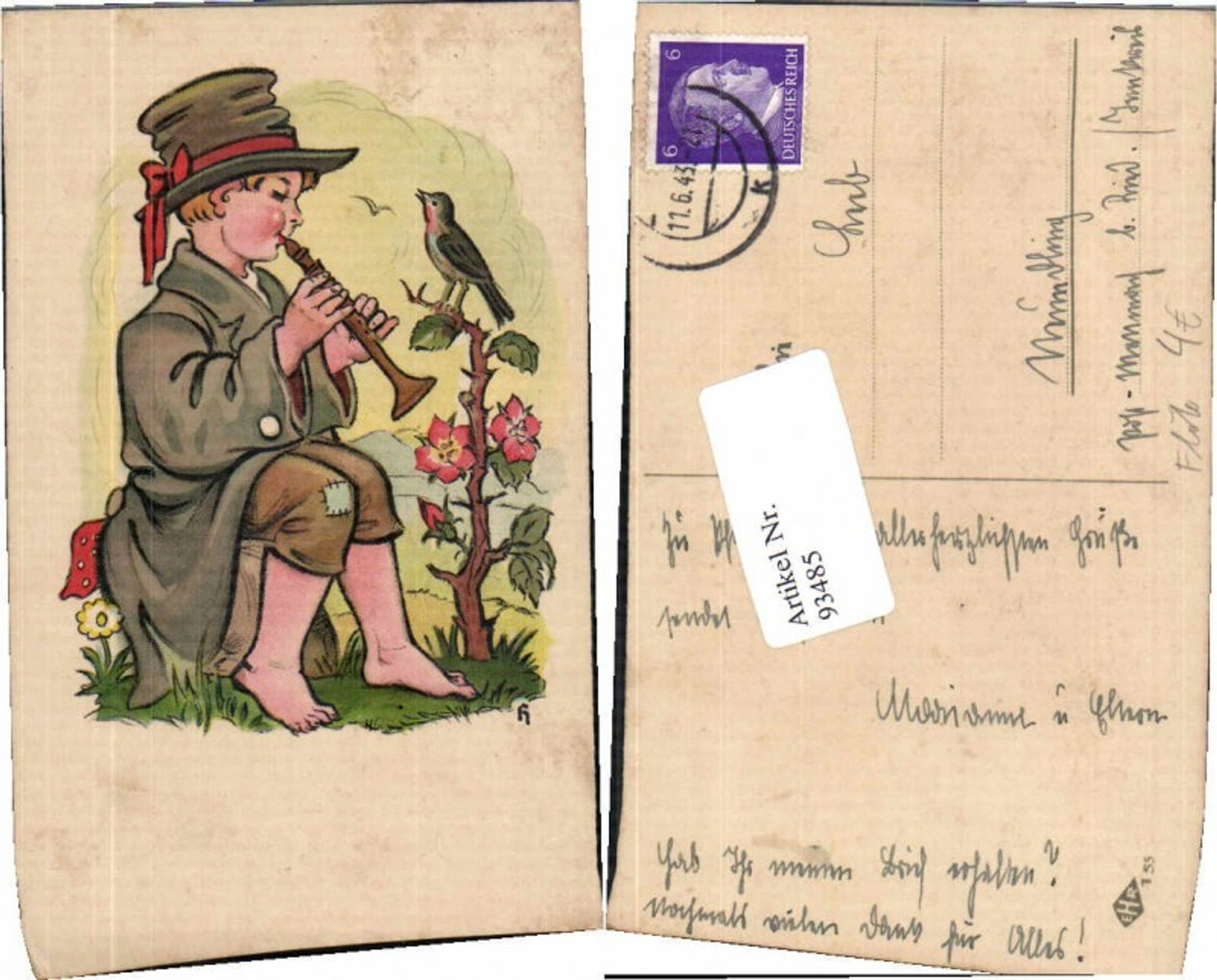 93485,Künstlerkarte Junge m. Flöte Vogel sign H.