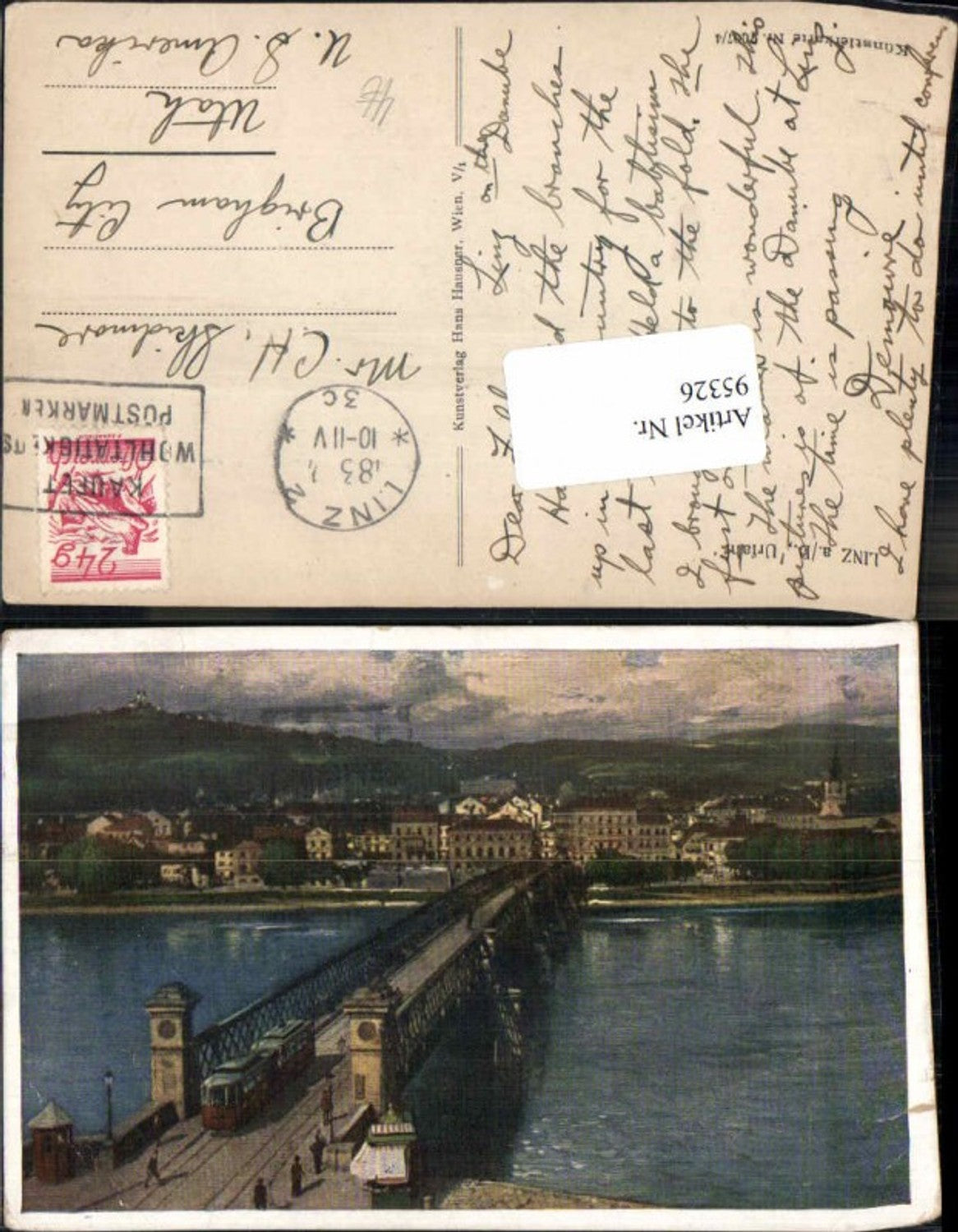 95326,Linz Urfahr m. Brücke Strassenbahn Künstlerkarte