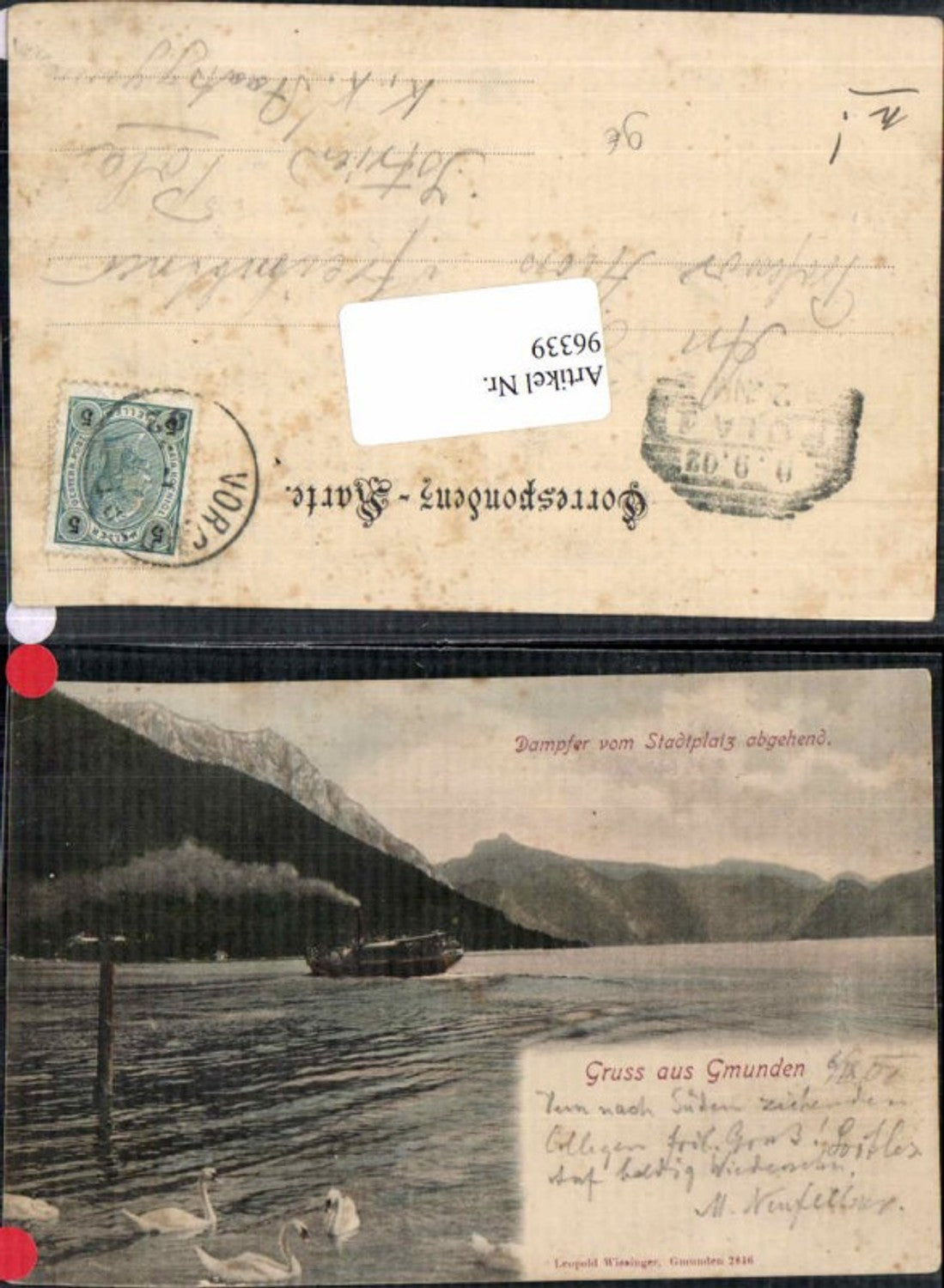 96339,Gruss aus Gmunden Dampfer v. Stadtplatz aus 1900