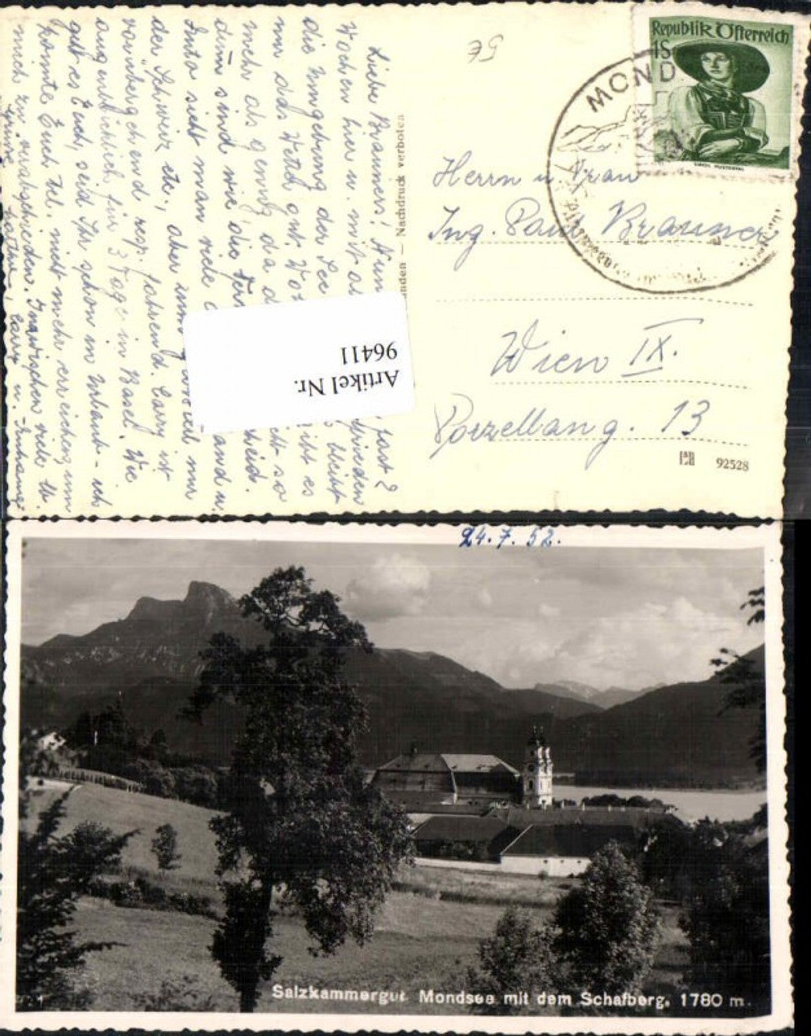 96411,Mondsee m. Schafberg Wiesenansicht 1950