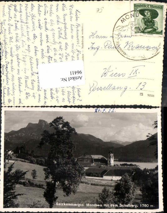 96411,Mondsee m. Schafberg Wiesenansicht 1950