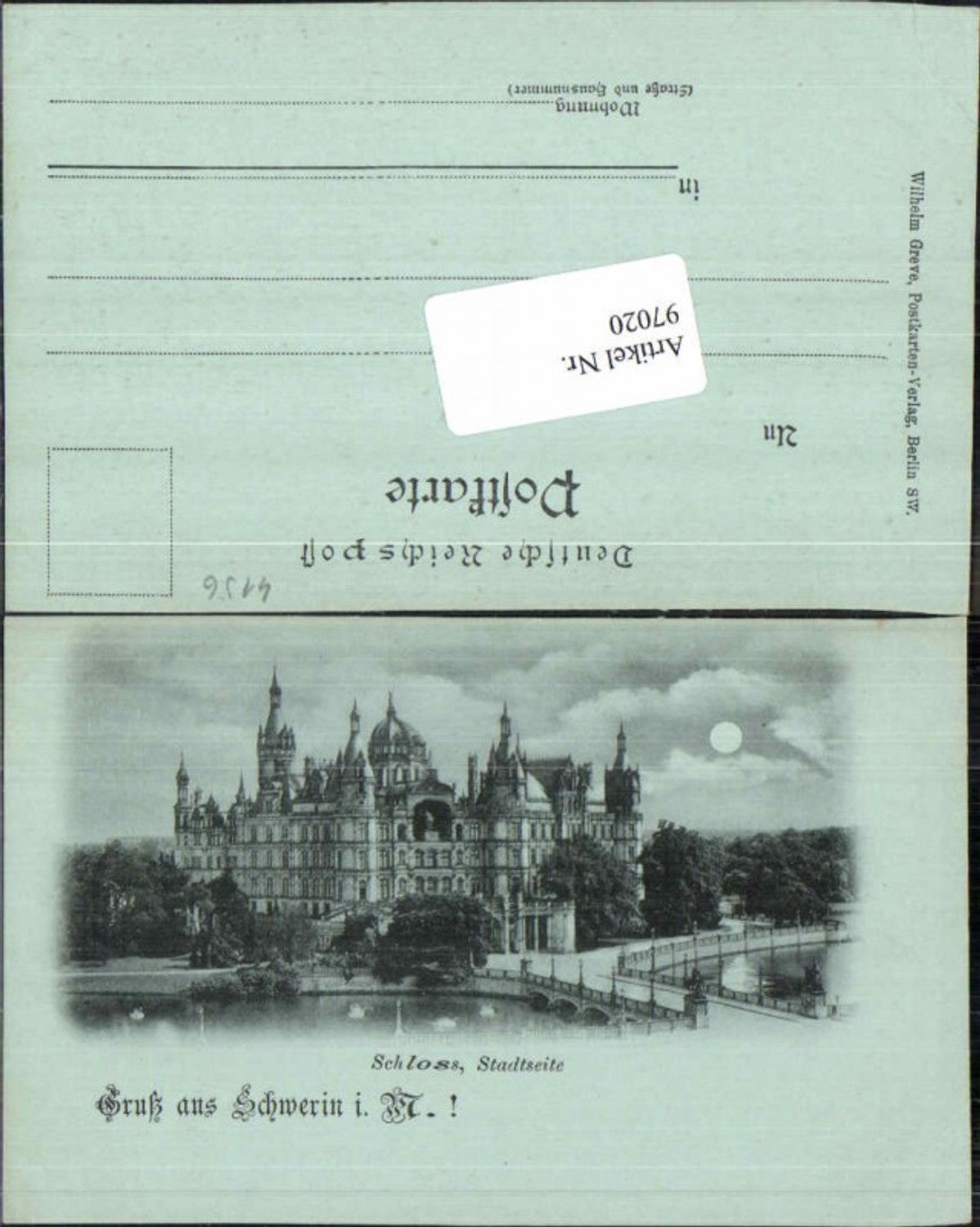 97020,Mond Litho Gruss aus Schwerin Stadtseite Schloss 1900