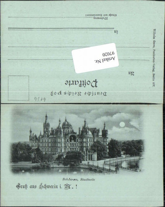 97020,Mond Litho Gruss aus Schwerin Stadtseite Schloss 1900