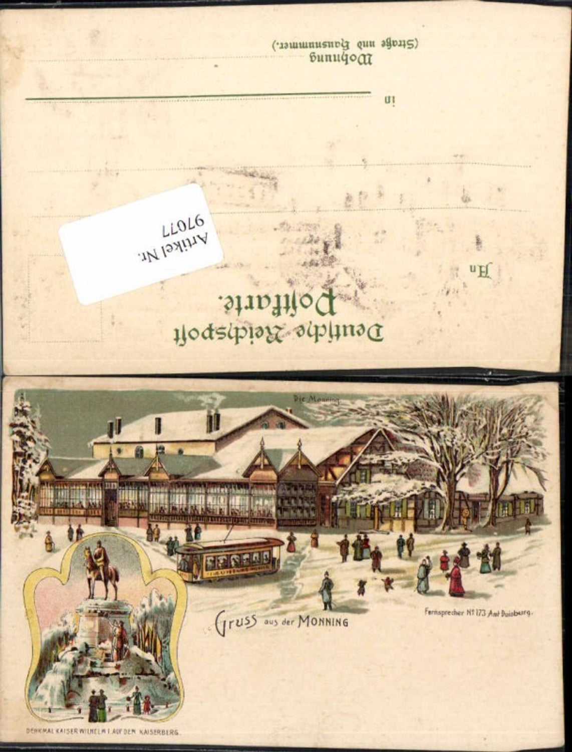 97077,Litho Gruss aus Monning Duisburg Kaiser Wilhelm Denkmal