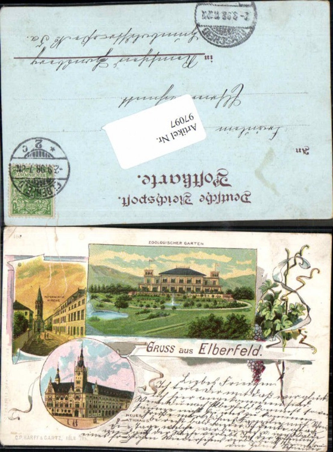 97097,Litho Gruss aus Elberfeld Rathaus Garten 1898 Wuppertal