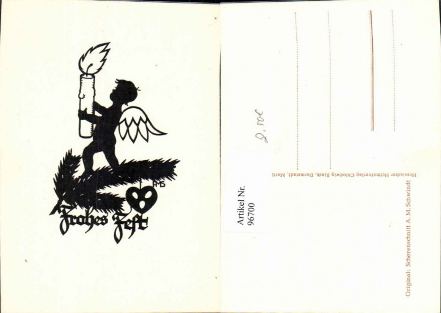 96700,Scherenschnitt Silhouette Engel a. Tannenzweig m. Kerze