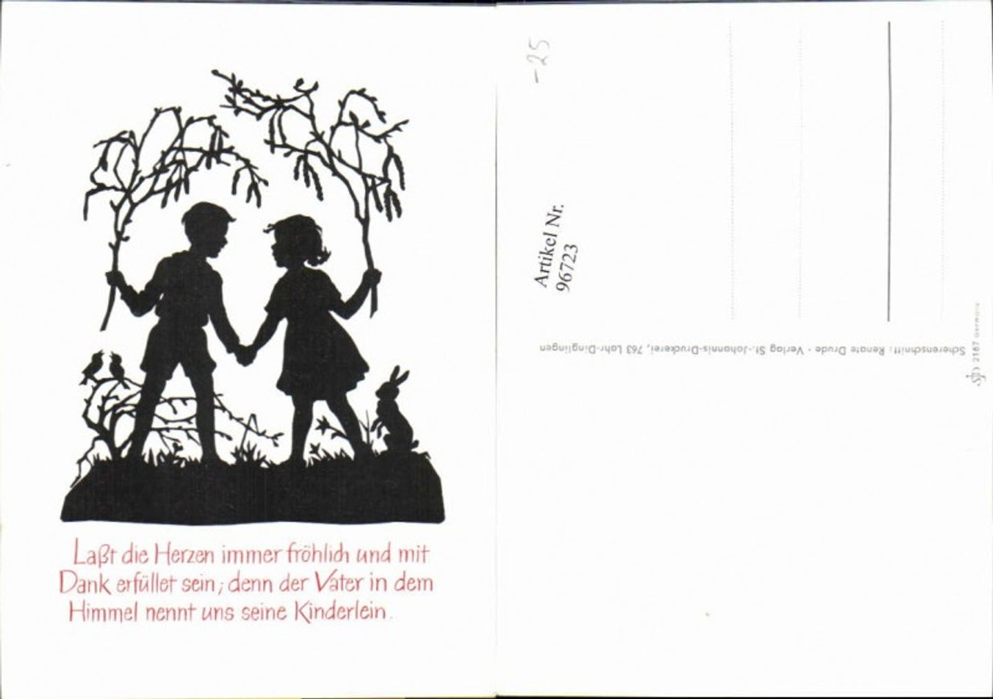96723,Scherenschnitt Silhouette Kinder m. Zweige u. Hase a. Wiese