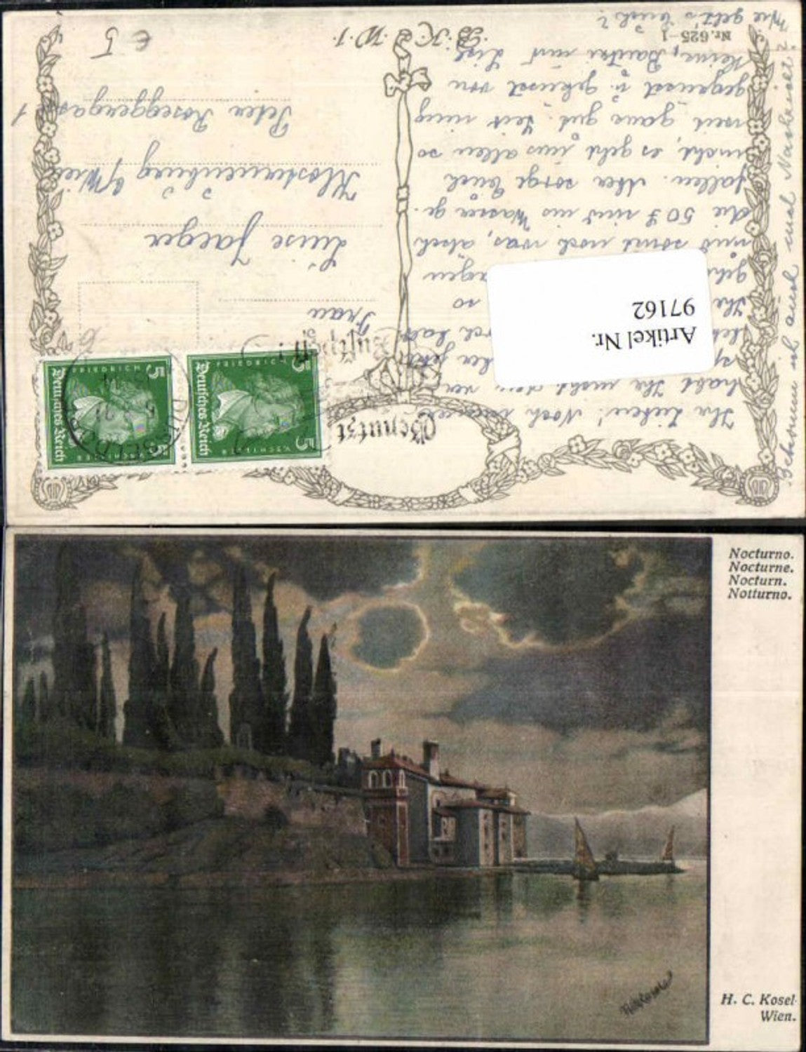 97162,H.C. Kosel Nocturno Nocturn Seeansicht haus Bäume B.K.W.I 625-1