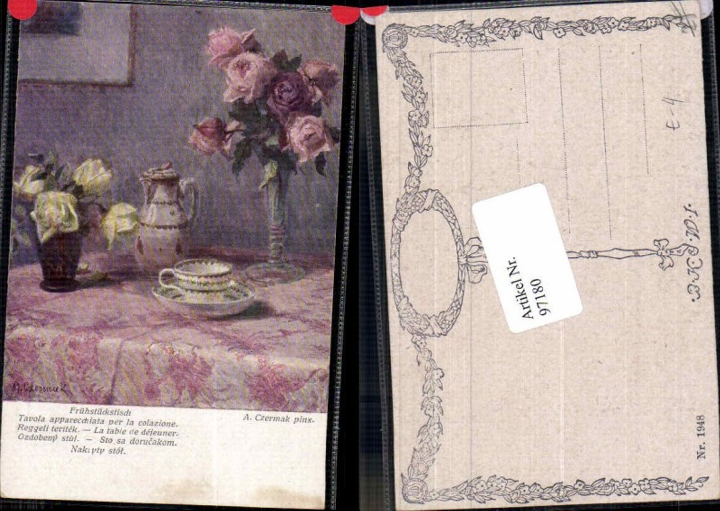 97180,A. Czermak Frühstückstisch Tisch Stilleben Blumen Vase B.K.W.I 1948