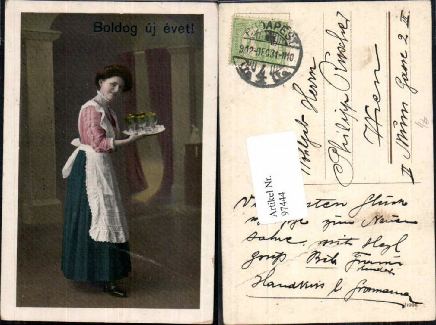 97444,Frau m. Schürze Kleid Gläser Weingläser