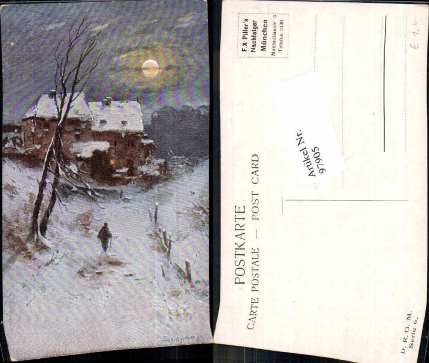 97905,J. Splitgerber jun Künstlerkarte Schneesturm Haus Mond