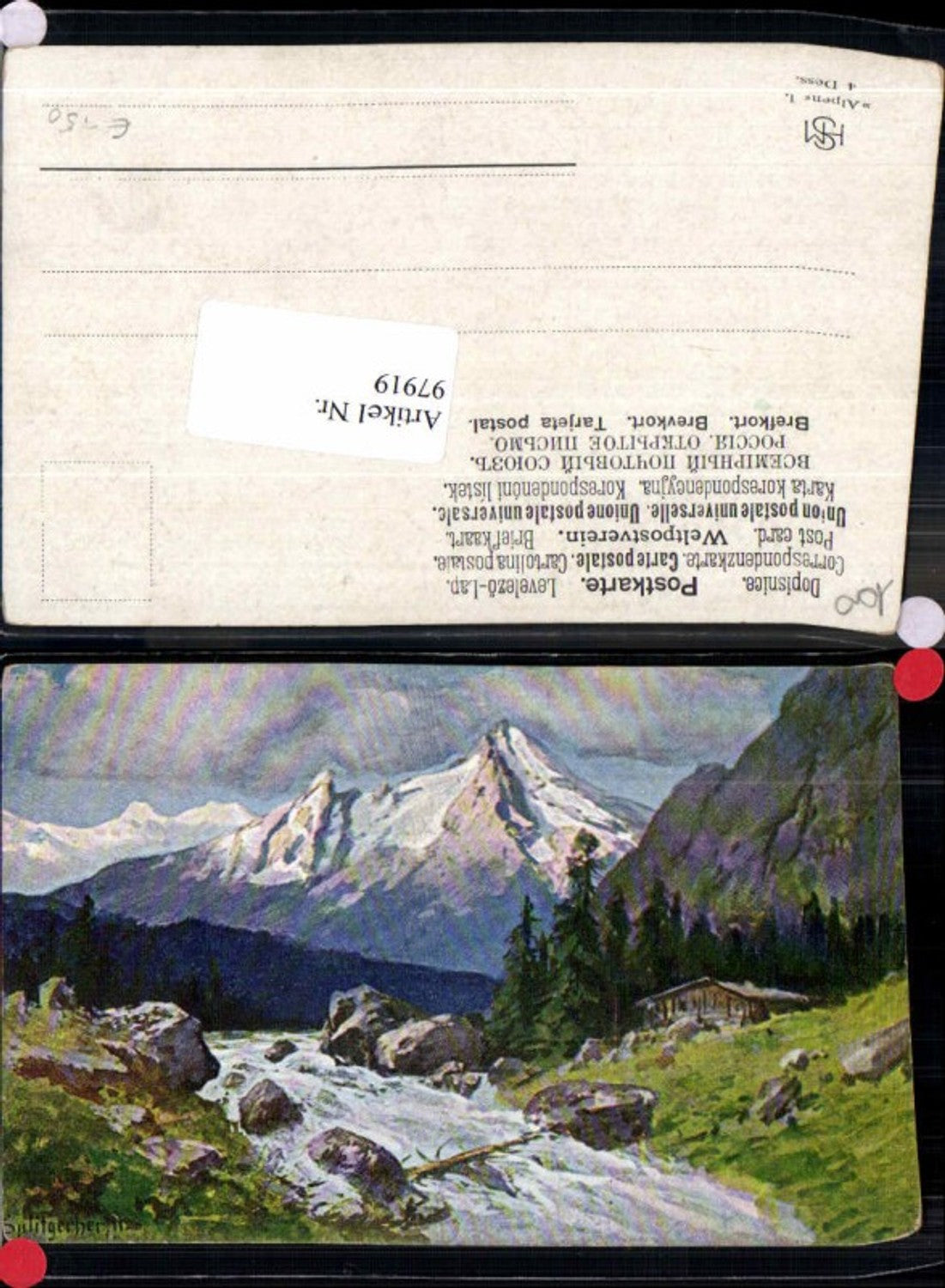 97919,J. Splitgerber jun Künstlerkarte Fluss Bach Haus Berge Alpen