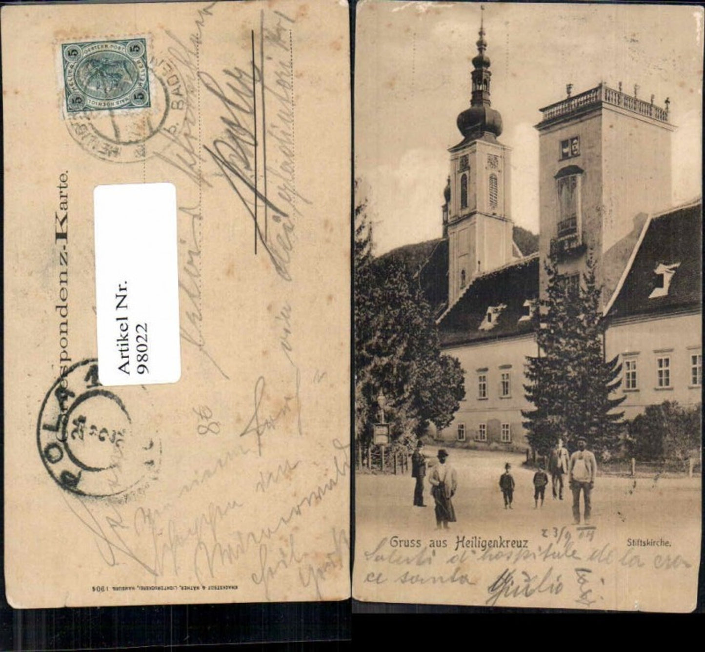 98022,Gruss aus Heiligenkreuz Leute am Stift Platz 1904