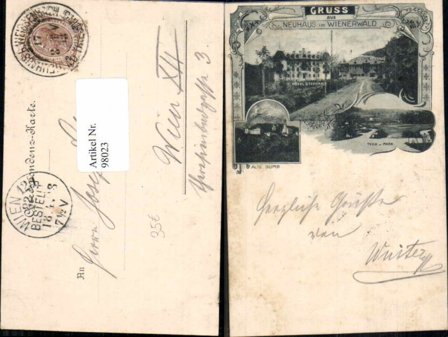 98023,RAR Gruss aus Neuhaus im Wienerwald Hotel Jugendstil verziert