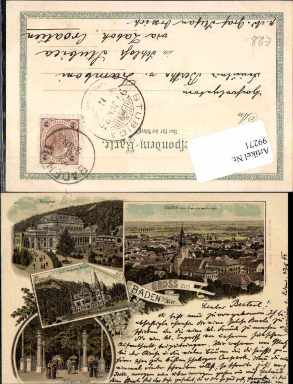 99271,Tolle Litho Gruss aus Baden b. Wien Villa Erzherzog Eugen